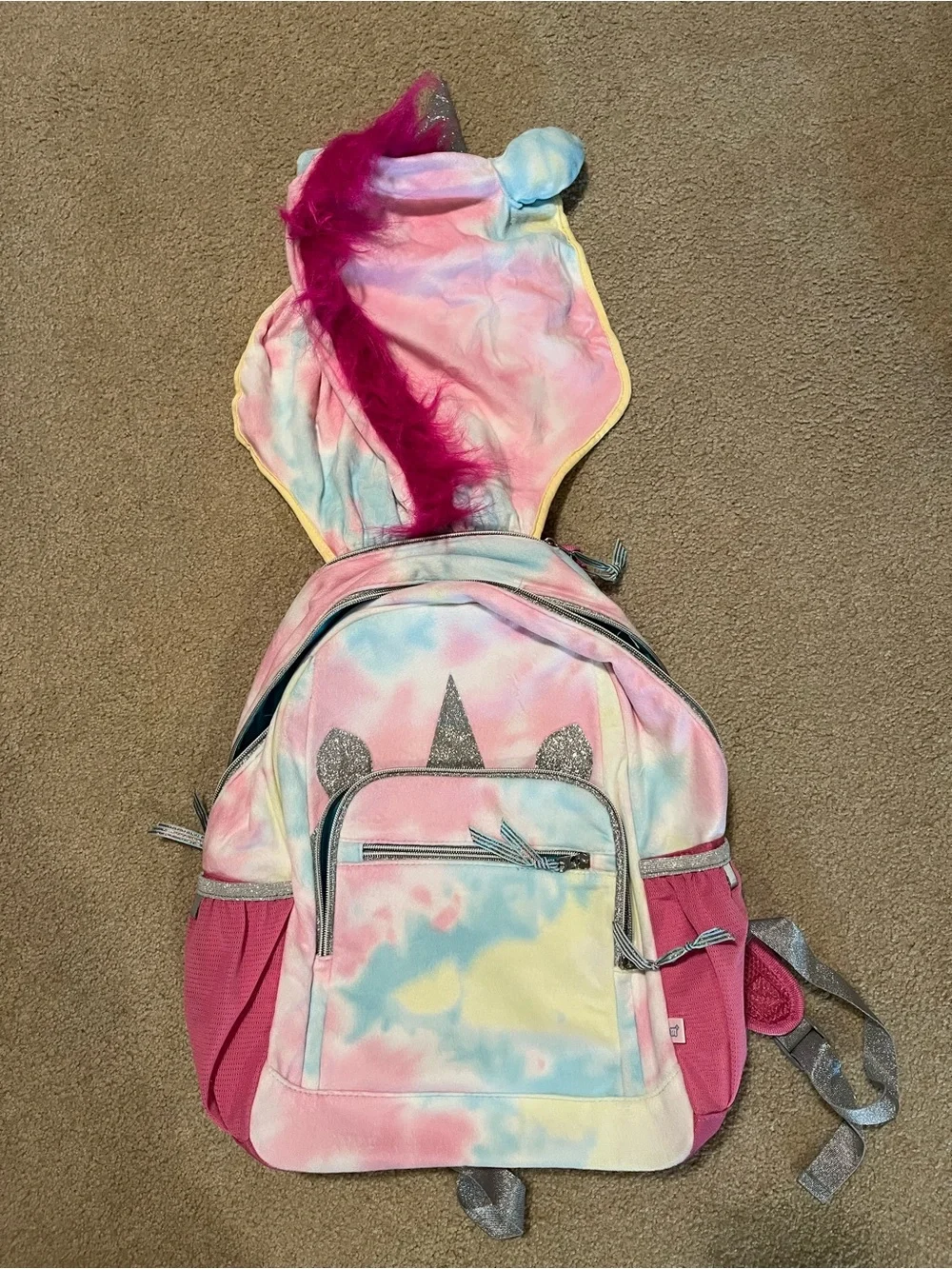 Unicorn Hoodie Tie-Dye Backpack with Pink Mane. Like New. Measurements in photos
